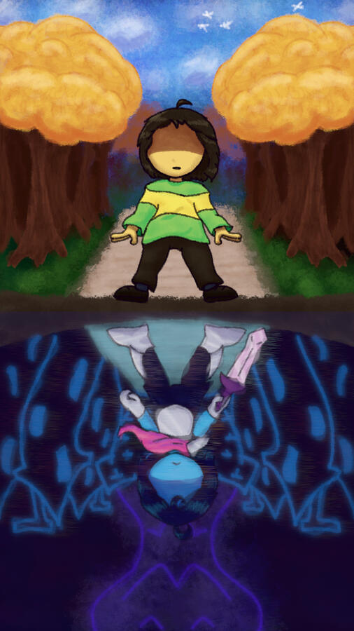 Kris Deltarune looking at their own reflection... or is it their reflection looking at them? Which is more real to you?