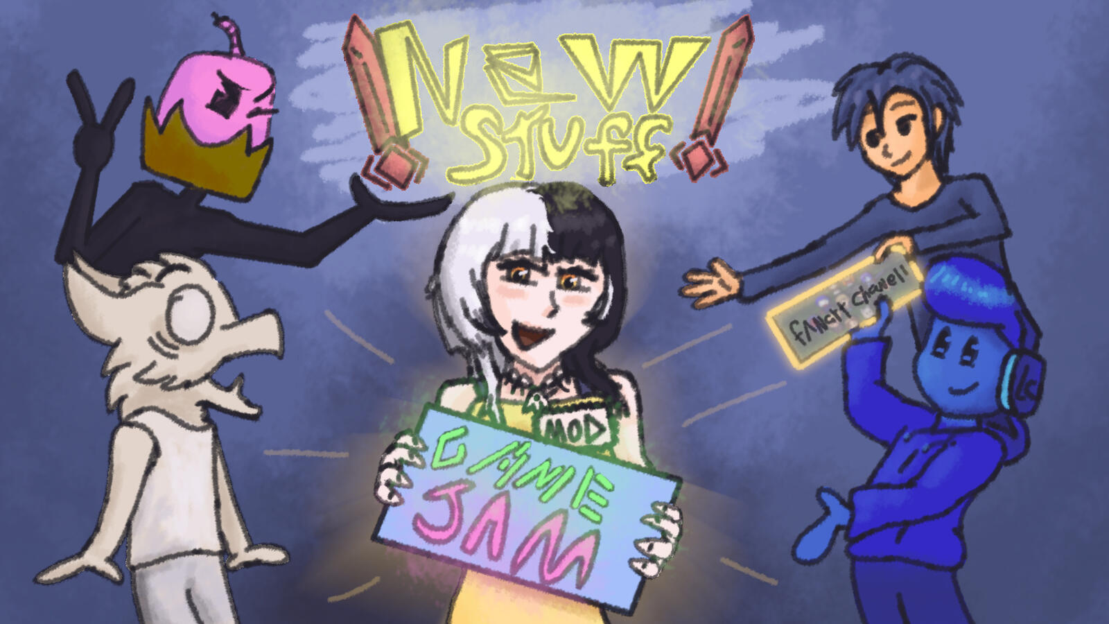An art of all the (at the time current) mods of the RPG Maker community, from top left to bottom right: Cupcakemans, NineSoulsSea, NinjaChicle, DevRousseau, Myself